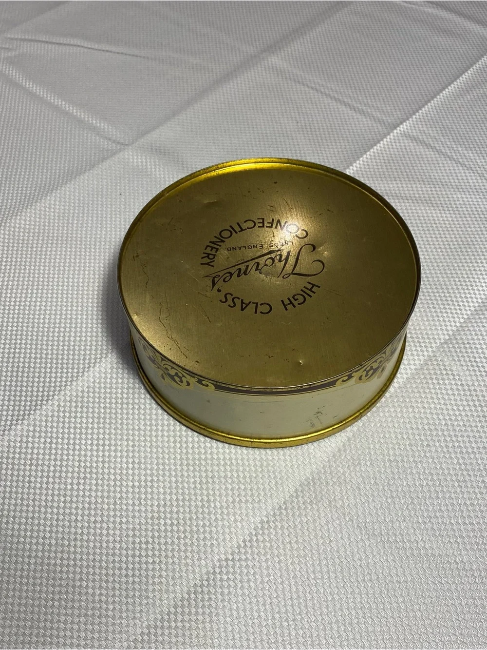 Vintage Decorative Round Trinket Tin/Painted Woman Motif/Gold Trim sewing items